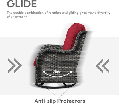 5 Pieces Patio Wicker Furniture Set - 4 Outdoor Swivel Rocker Glider Chairs with 50000BTU Propane Fire Pit Table, Warm Patio Conversation Set Red Cushion Perfect for Casual Gathering