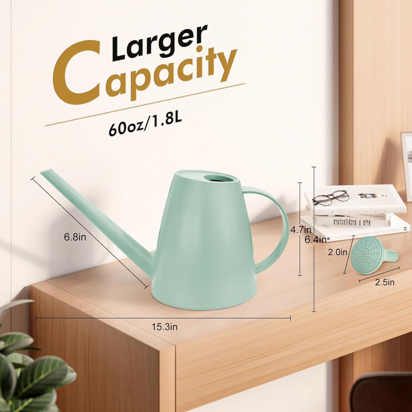 Watering Can for Indoor Outdoor Plants, Modern Small Watering Cans with Removable Nozzle, Long Spout Watering Can for Indoor Bonsai Plants Garden Flowers 1/2 Gallon 1.8L 60OZ (Green)