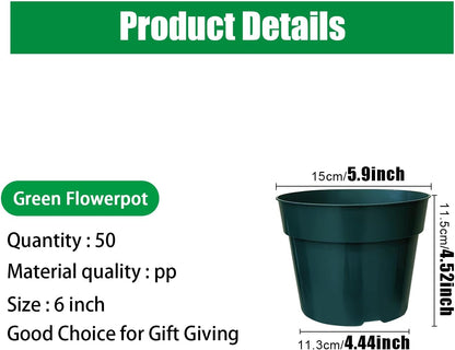 50 Pack 6 Inch Nursery Pots, Planting Grow Plastic Flower Pots, Thick Planters with Drainage Holes for Outdoor/Indoor Plants Succulent Herb (Green)