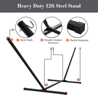 SUNCREAT Double Portable Hammock with Stand, 2 Person Hammock with Curved Spreader Bar, Balance Ropes Included, Dark Gray