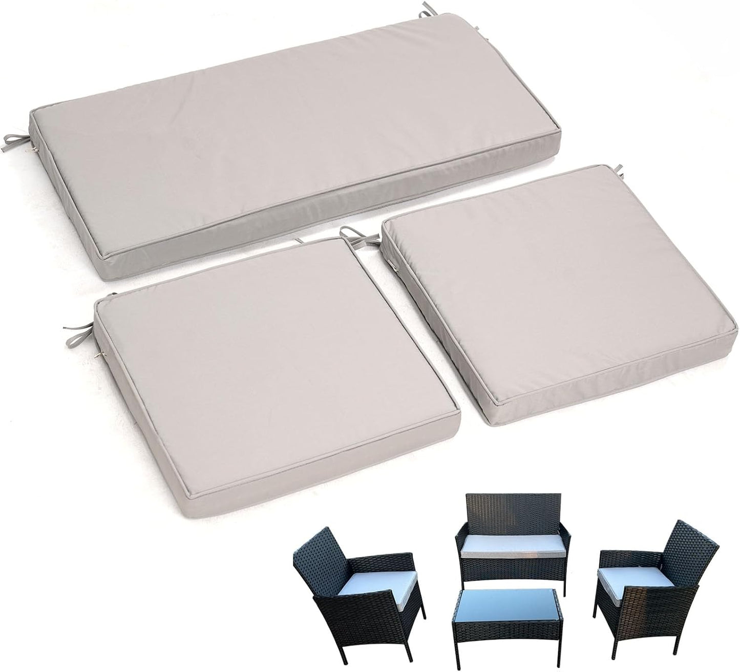 3-Pack Outdoor Patio Furniture Replacement Cushions Set–High-Elastic Sponge Cushions Fit 4-Piece Wicker Rattan Sofa, Loveseat & Chairs, 36x18x2 & 18x18x2, Waterproof, Fade-Resistant (Light gray)