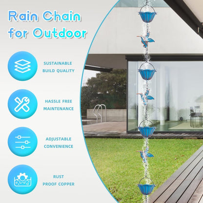 13.4FT Rain Chain, Hummingbird Rain Chains for Outside, Copper Rain Chain Bell with 12 Cups, Decorative Rain Catcher Chain Replacement Downspout for Gutters