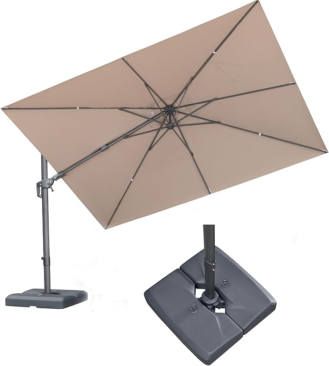 PURPLE LEAF 11' X 8' Swivel Outdoor Patio Aluminum Umbrella with Base Left-right Tilting Cantilever Offset Umbrella with UV Resistant Heavy Duty Fabric for Deck Pool Patio Backyard, Sand Dune