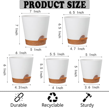 Plant Pots Outdoor Self Watering Pots, Flower Pots with Drainage Hole and Reservoir White Plastic Planters for Indoor Plants Home Decorations Gift Idea 5Pack