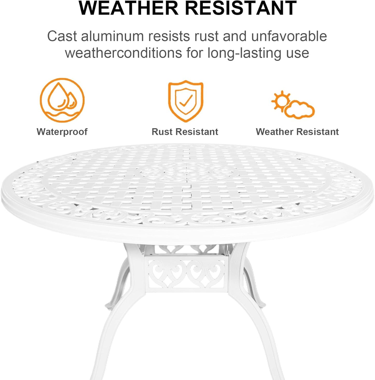 48 Inch Outdoor Dining Table Round Patio Bistro Table Powder-Coated Cast Aluminum Frame Patio Dining Table Garden Table with Umbrella Hole (White)