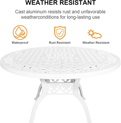 48 Inch Outdoor Dining Table Round Patio Bistro Table Powder-Coated Cast Aluminum Frame Patio Dining Table Garden Table with Umbrella Hole (White)