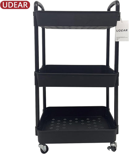 UDEAR 3-Tier Rolling Utility Cart with 12 Category Labels,Multifunctional Comagtable Rolling Shelving with Handle and Lockable Wheels for Room,Office,Kitchen,Bathroom,Black