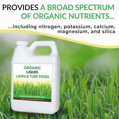 Organic Liquid Lawn & Turf Food - Quickly Rejuvenates Lawn Health and Restores Rich Green Colors to Depleted Grass | Infused with Soil Enriching Microbes (32oz, Treats Up to 5,000 Sq. Feet)