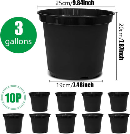 3 Gallon Plastic Nursery Pots, 10 Inch Round Plant Pots with Drainage Holes, 10 Pack Planting Pot for Outdoor Indoor Plants, Gardening Gifts for Women, Black