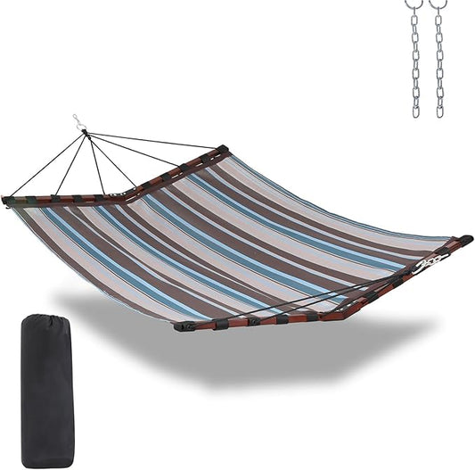 TegerDeger 12FT 2 Person Hammock Large Hammock Quick Dry 450LB Capacity with V Shaped Hardwood Spreader Bar & Nylon Rope for Outside, Patio, Garden, Backyard, Beach, Poolside - Brown Stripes