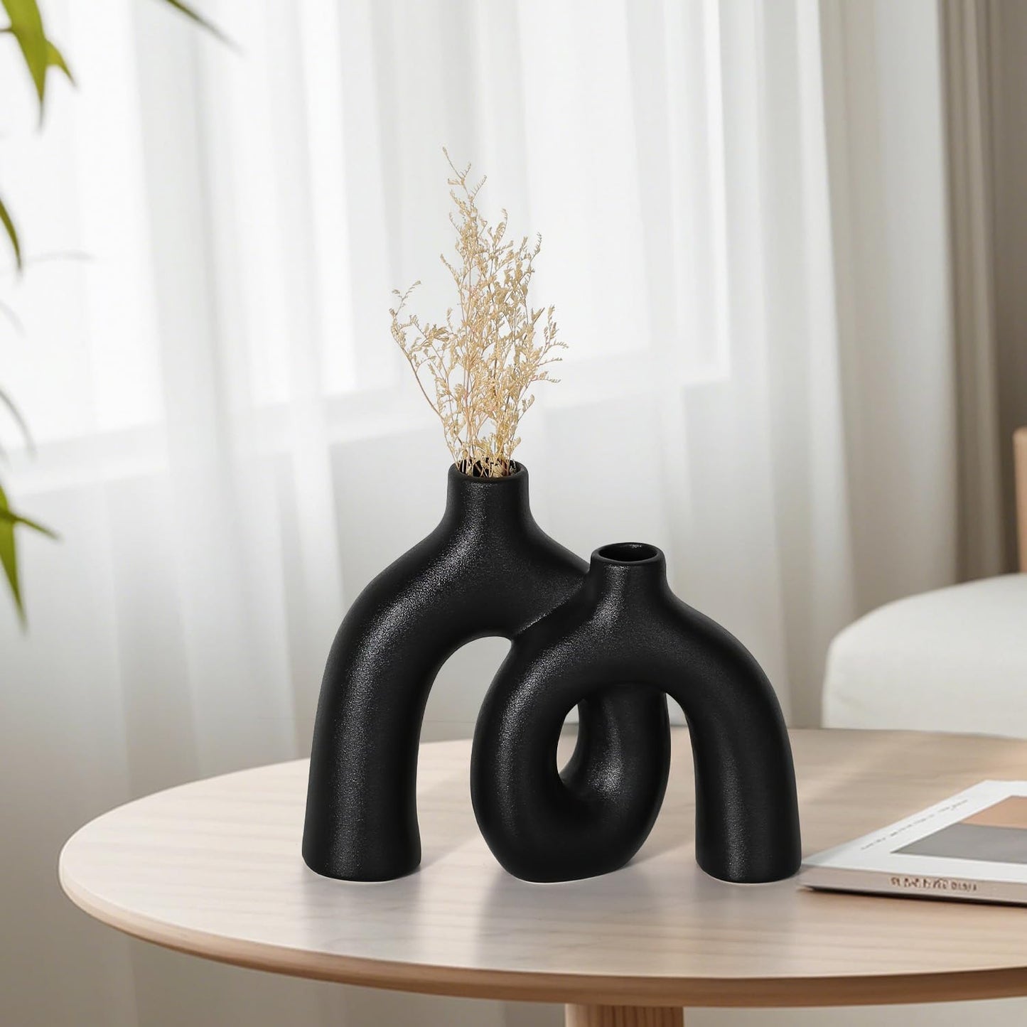 CEMABT Modern Nordic Boho Vase Set - Elegant Black Matte Ceramic Home Decor for Living Room, Bookshelf, Mantel, Entryway Table & Console Décor | Shelf Decorations Gift