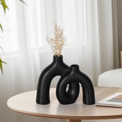 CEMABT Modern Nordic Boho Vase Set - Elegant Black Matte Ceramic Home Decor for Living Room, Bookshelf, Mantel, Entryway Table & Console Décor | Shelf Decorations Gift