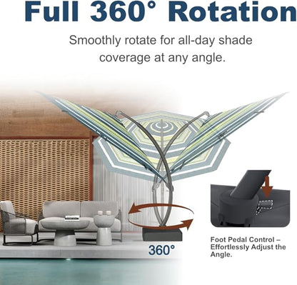 Acrylic Fabric 11FT Cantilever Umbrella with Base Large Curvy Outdoor Aluminum Offset Umbrella w/ 360° Rotation, UV Resistant Canopy for Patio, Garden, Backyard, Green Stripes