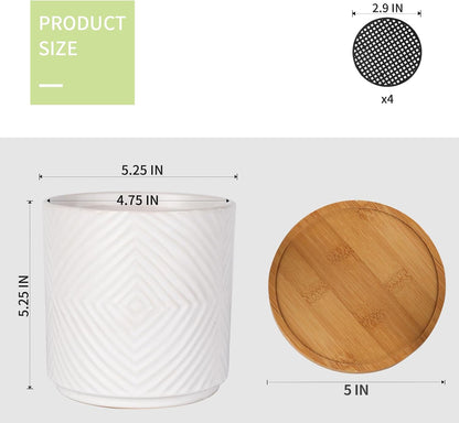 5.25 Inch Ceramic Planter Pot for Indoor Plants with Drainage Holes, Geometry Design White Flower Planter Pots with Bamboo Saucer, for Succulent, Snake Plants, Cactus & Herbs, Set of 4