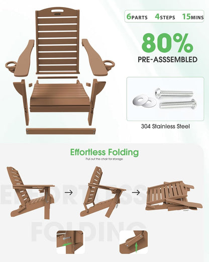 Folding Adirondack Chair HDPE All-Weather Adirondack Chairs with Cup Holder, Outdoor Fire Pit Chairs Lawn Chair for Deck Patio Garden (Teak)