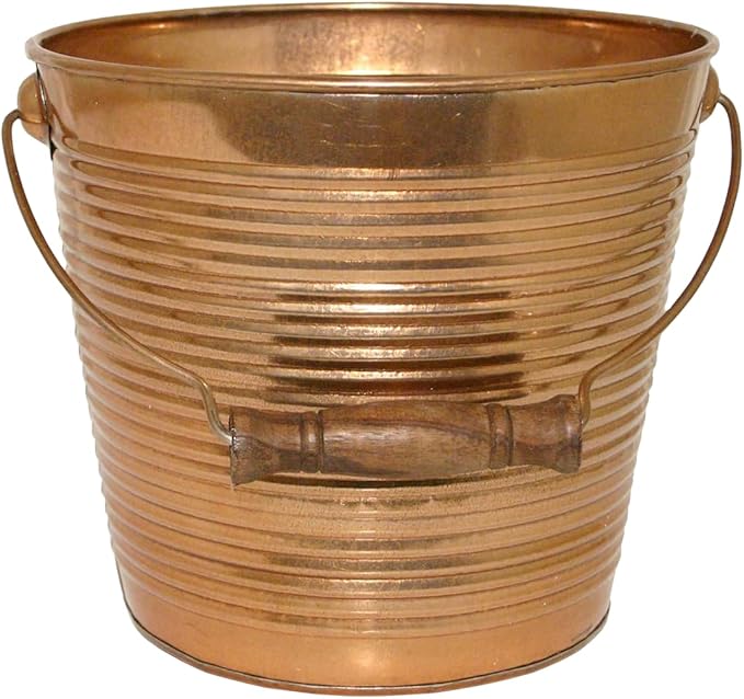 Headwind Robert Allen Vintage Ribbed Metal Planter with Handle, 10-Inch, New Penny – Lightweight Indoor/Outdoor Flower Pot with Drainage Hole