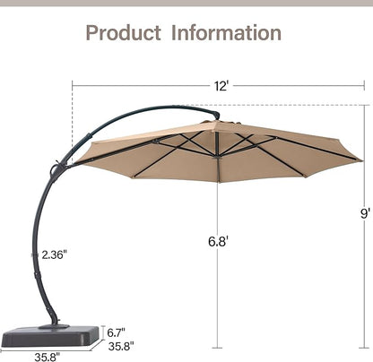 LAUSAINT HOME Sunbrella Outdoor Patio Umbrella with Base Included, 12 FT Deluxe Curvy Cantilever Umbrella Offset Hanging Umbrella with 360° Rotation for Market, Pool, Deck, Garden, Backyard