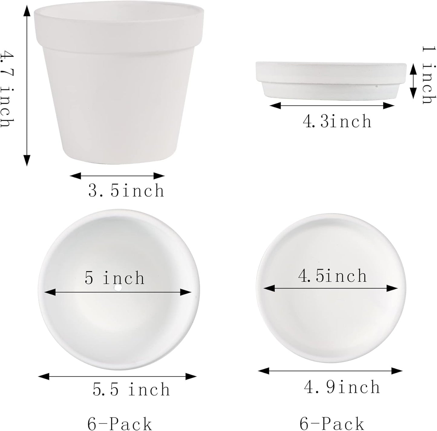 Terra Cotta Pots with Saucer- 6-Pack Large Terracotta Pot Clay Pots 5.5'' Clay Ceramic Pottery Planter Cactus Flower Pots Succulent Pot with Drainage Hole- for Plants,Crafts terra cotta planter(White)