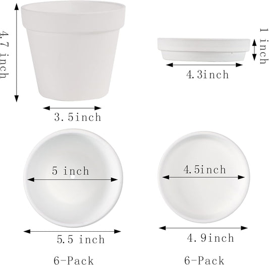 Terra Cotta Pots with Saucer- 6-Pack Large Terracotta Pot Clay Pots 5.5'' Clay Ceramic Pottery Planter Cactus Flower Pots Succulent Pot with Drainage Hole- for Plants,Crafts terra cotta planter(White)