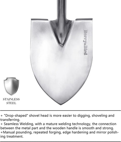Berry&Bird Round Point Gardening Shovel with Wood D-Handle, 40.98" Stainless Steel Beach & Snow Shovel