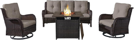 Outdoor Patio Furniture Set with 50000BTU Propane Fire Pit Table, 4 Pieces Wicker Patio Conversation Set with 2 Swivel Rocker Glider Chairs Rattan Sofa Grey Cushion Perfect for Gathering