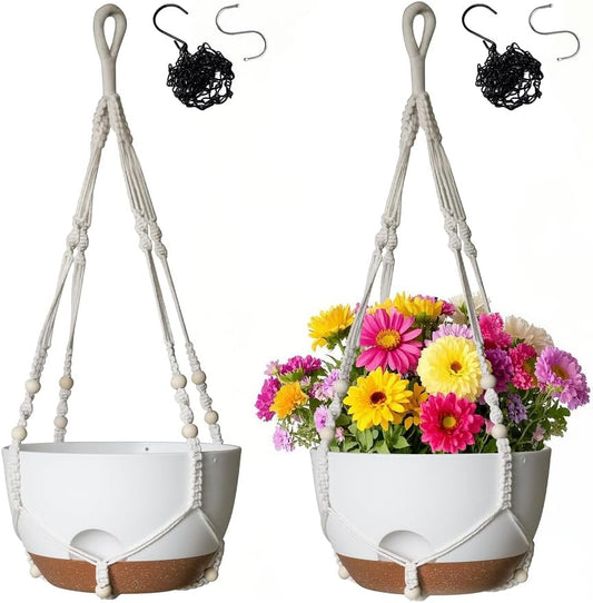 12 Inch Hanging Baskets for Plants Outdoor, Hanging Planters for Indoor Outdoor Plants, Hanging Planter with Self Watering, Hanging Flower Pots (White Planter with Macrame + Iron Hangers)