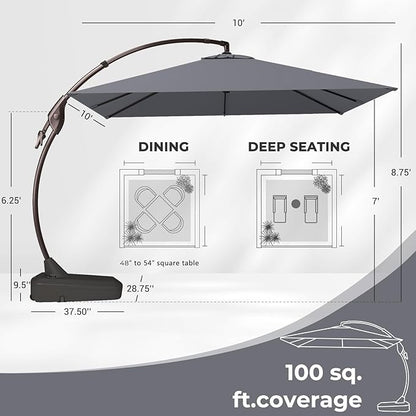 Grand patio 10X10 FT Sunbrella Offset Umbrella with Base Outdoor Square Aluminum Cantilever Umbrella Shade with Easy Tilt Adjustment (Charcoal, 10X10 FT-SUNBRELLA)