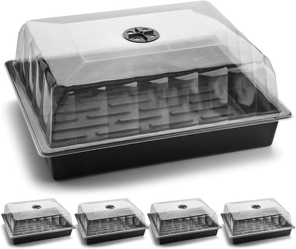 Leak-Proof Seed Starter Trays with 4" Humidity Dome & Drip Tray - 5-Pack Heavy-Duty Plastic Propagation Kit for Herbs, Microgreens, Indoor Gardening, Durable Reusable Plant Growing Trays