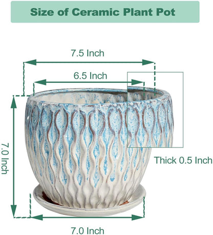 vensovo 7.5 Inch Ceramic Plant Pot with Drainage Holes and Saucer - Large Round Orchid Pot for Indoor Repotting, Ceramic Planter Maintain Air Circulation, Blue