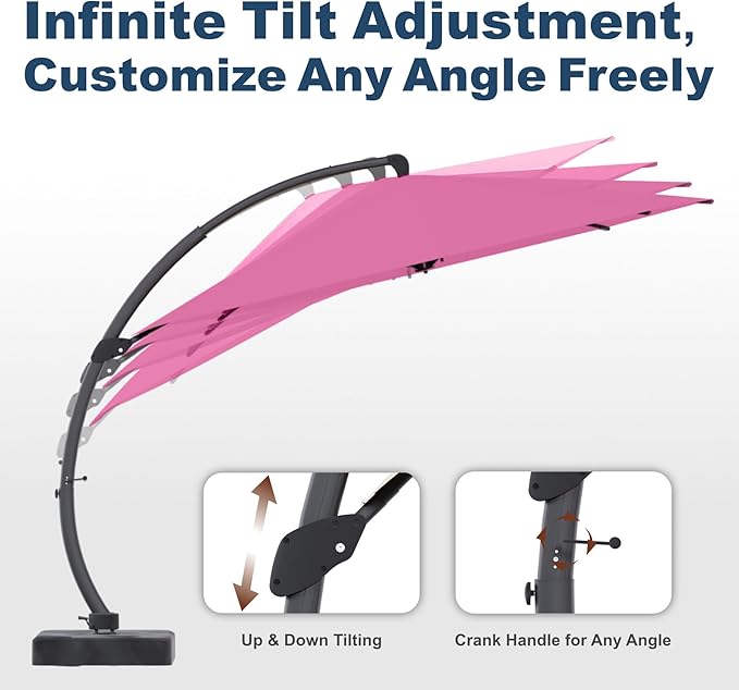 11FT Cantilever Umbrella with Base Large Curvy Outdoor Aluminum Offset Umbrella w/ 360° Rotation, UV Resistant Canopy for Patio, Garden, Backyard, Rose Pink