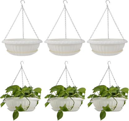 12.59in Hanging Planter Pots for Outdoor and Indoor Plants Flowers with Drainage Hole Tray Hooks Plastic Plant Baskets for Garden Home Porch (White, Pack of 6)