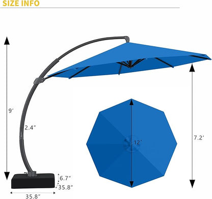 Kingdura 12ft Cantilever Patio Umbrella with Base Included, Large Round Offset Outdoor Pool Umbrella, 360° Rotation & Infinite Tilt, Heavy Duty Aluminum Frame for Deck Backyard, Royal blue