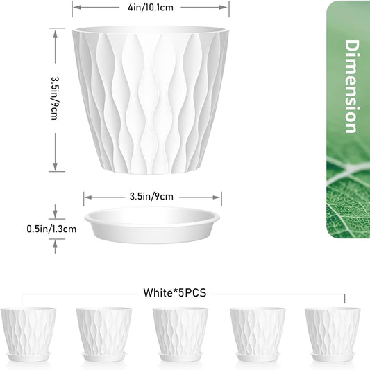 4 inch Small Plastic Nursery Pots, 5 Pack Water Ripples Plant Pots for Indoor Plants, Flower Pots with Drainage Holes and Saucers, Seedling Starter Planters for Succulent Plants, White