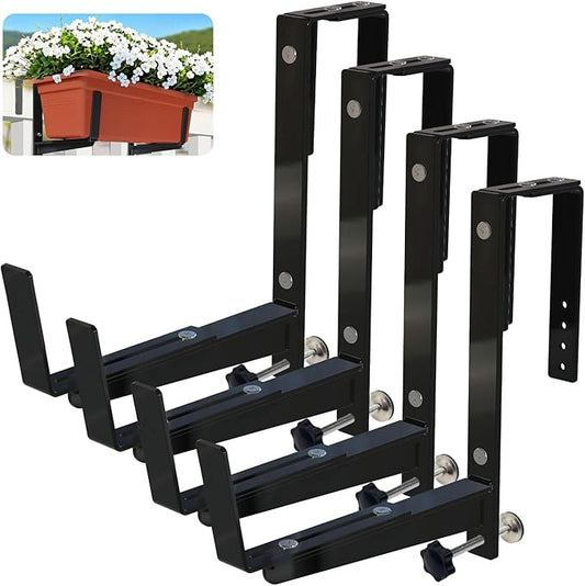 Heavy Duty Adjustable Window Box Brackets - Iron Planter Box Hangers with Reinforced Bottom Support for Balcony, Fence, Railing, Garden - Rust-Proof & Sturdy Flower Pot Holders