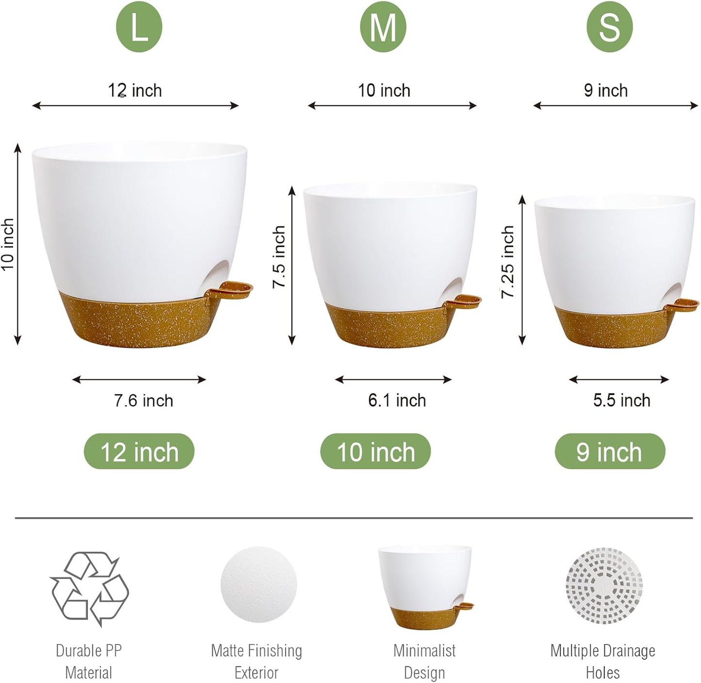 Large Self Watering Pots, 12/10/9 Plastic Planters with High Drainage Holes and Deep Reservoir for Indoor Outdoor Garden Plants and Flowers, White with Brown