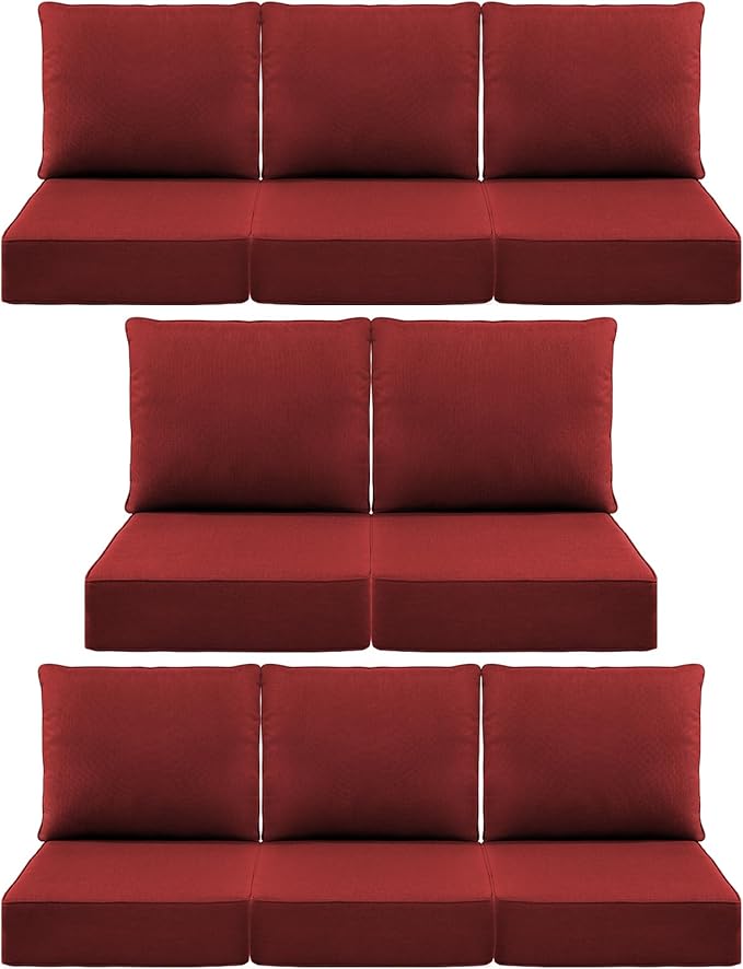 Luxury 6" Outdoor Cushions for Patio Furniture, 24x24x6" Thick Seat Cushion Set of 8, Fade Resistant Couch Chair Replacement Cushions High Density Deep Wicker Chair Cushion w/ Removable Cover, Red