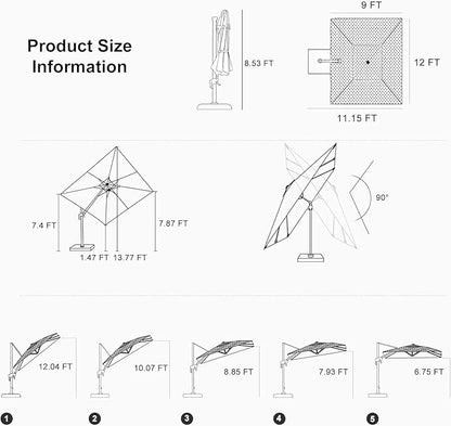 PURPLE LEAF 9' X 12' Left-right Tilting Outdoor Patio Umbrella Swivel Offset Cantilever Heavy Duty Rectangle Aluminum Umbrella with UV Resistant for Deck Pool Patio Backyard, Pebble Grey
