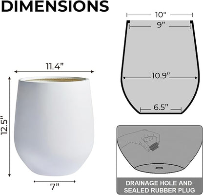 12.5"H x 11.4"D Corso Fiberstone Round Tapered Planter with Drainage Hole, Smooth Finishes, Weather Resistant for Indoor and Outdoor Use, Included 2 Extra Coco Mats (White, 9" Pot Opening)