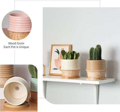 OMAYKEY 4 Inch Ceramic Plant Pot with Saucer, Water Transfer Printing Grain Planters Pots with Drainage Hole & Mesh Pads for Succulent, Indoor Flowers, Snake Plants, Cactus, Herbs, Set of 4