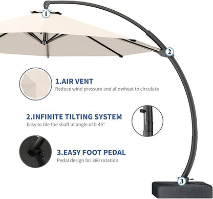 Outdoor Patio Umbrella with Sand Bag Included, 11 FT Deluxe Curvy Cantilever Umbrella Offset Hanging Umbrella with 360° Rotation for Market, Pool, Garden, Backyard, Deck