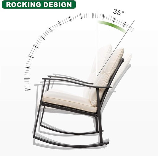 Shintenchi Outdoor 3-Piece Rocking Bistro Set,Wicker Patio Furniture Porch Chairs Conversation Sets with Glass Coffee (Beige Cushion)