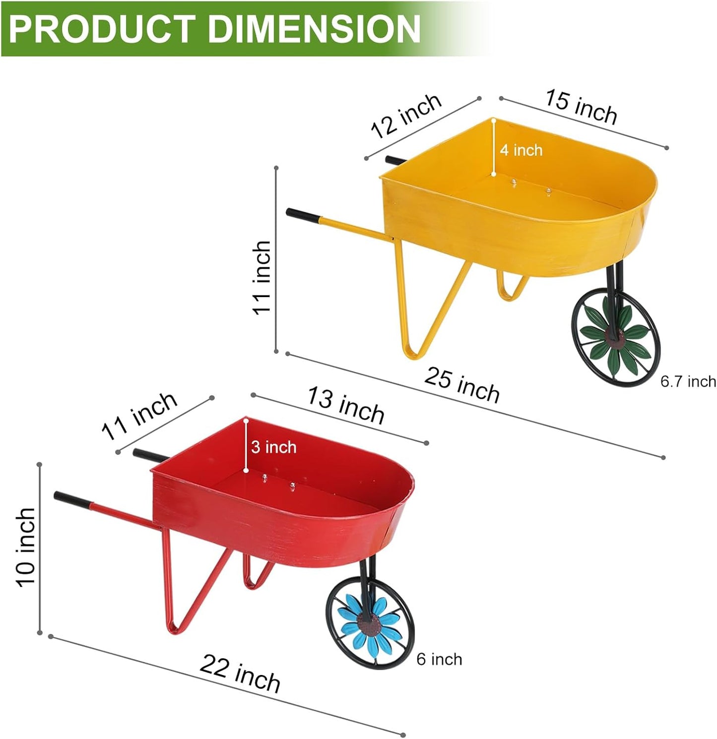 BAYN Metal Wheelbarrow Flower Cart Planter, 2 Packs Plant Stands with Triangular Support Handles Non-Rolling Wheel Vintage Wagon Planter Pots for Home Patio Garden Backyard Rustic Outdoor Decor