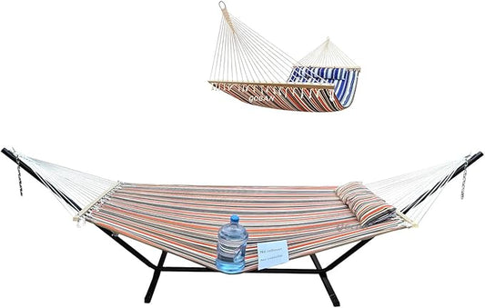 Quilted Fabric Double Hammock Won't flip with Stand and Spreader Bars,Safer and Sturdier,Quality Hammocks for Outdoor Indoor Patio Yard Two Sided Dual use red/Blue