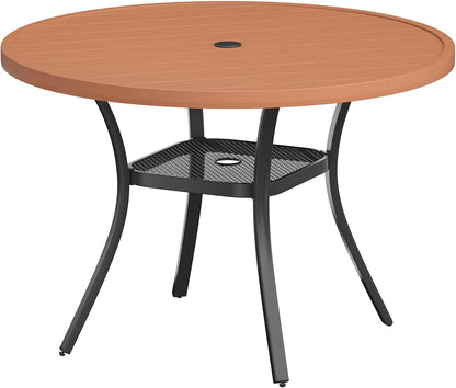 VICLLAX Round Patio Table with Adjustable Umbrella Hole for 4, All Weather Plastic Wood Grain Outdoor Dining Table for Lawn Garden, 41.7" Circle Outdoor Table, Walnut Tabletop