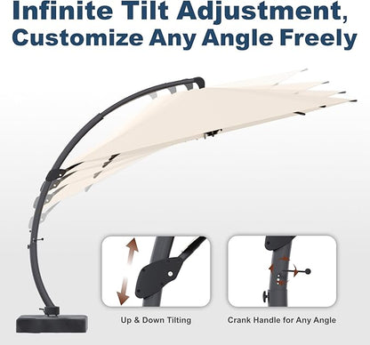 11FT Cantilever Umbrella with Base Large Curvy Outdoor Aluminum Offset Umbrella w/ 360° Rotation, UV Resistant Canopy for Patio, Garden, Backyard, Beige