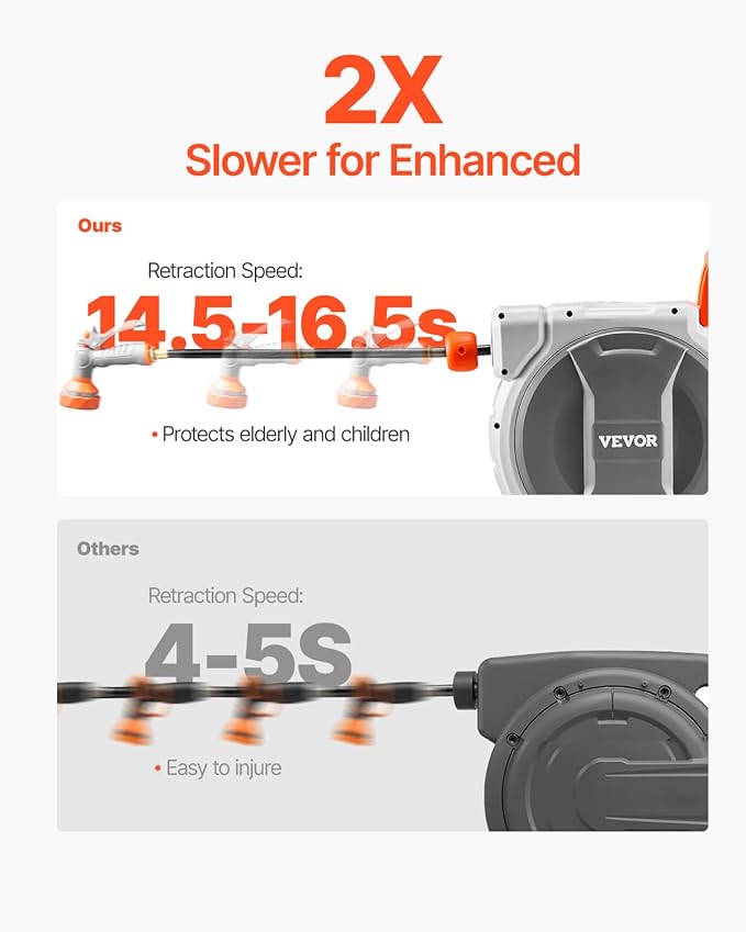 VEVOR Retractable Garden Hose Reel, 1/2 Inch x 145 ft Wall Mounted Hose Reel, Heavy Duty Garden Hose Reel with 9 Patterns Nozzle, Any Length Lock, Upgraded Slow Return System and 180°Swivel Bracket