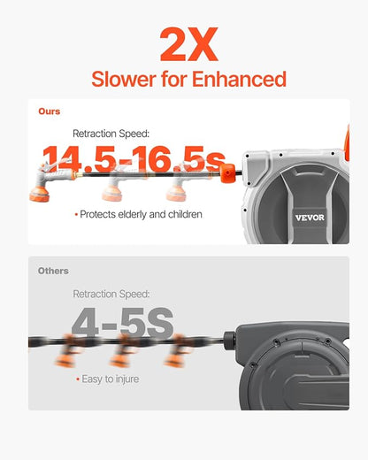 VEVOR Retractable Garden Hose Reel, 1/2 Inch x 145 ft Wall Mounted Hose Reel, Heavy Duty Garden Hose Reel with 9 Patterns Nozzle, Any Length Lock, Upgraded Slow Return System and 180°Swivel Bracket