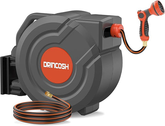 Retractable Garden Hose Reel 100 FT x 1/2" Any Length Lock 9 Pattern Nozzle 180° Swivel Wall Mounted Self Winding UV Resistant Heavy Duty Garden Outside Watering