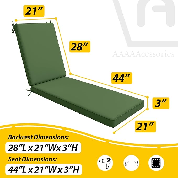 AAAAAcessories Outdoor Chaise Lounge Cushions, Waterproof, Fade-Resistant Patio Furniture Replacement Cushions, 72" x 21" x 3", Dark Moss Green