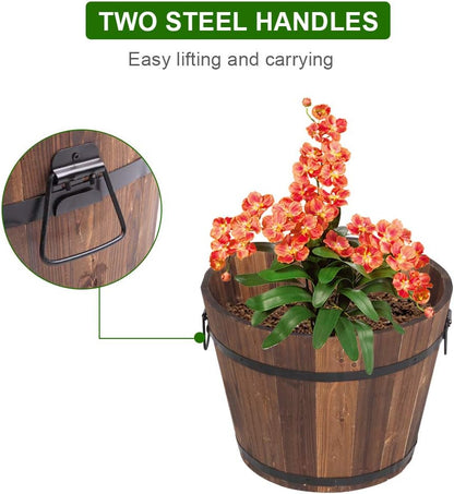 3 Pcs Wooden Planter Barrel Set, Outdoor Flower Pots with Handle & Drainage Holes, Rustic Whiskey Barrel Planter for Plants, Herbs, Veggies, Indoor Outdoor Use